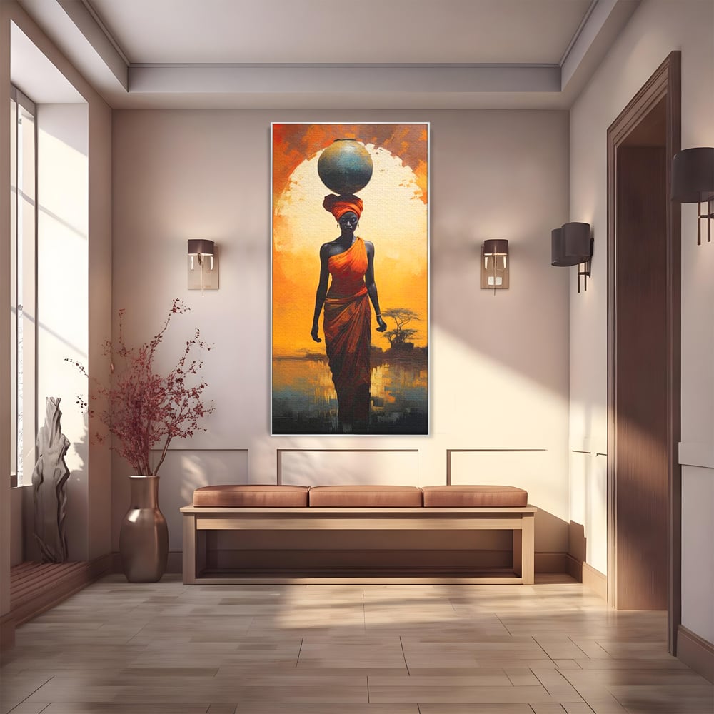 Tablou canvas cu tablou canvas cu femeie africana si ulcior, in rama de aluminiu argintiu